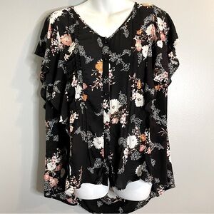 TORRID Floral Textured Woven Flutter Sleeve Black Blouse SZ/1